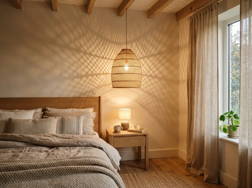 Woven rattan pendant shade creating warm bedroom lighting