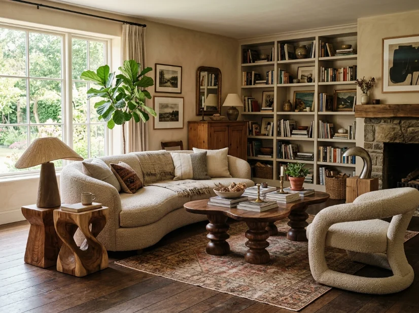 Collected living room mixing sculptural furniture with timeless pieces