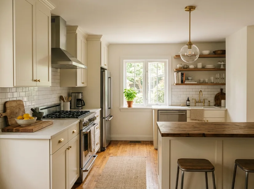 Dated kitchen updated with warm brass accents