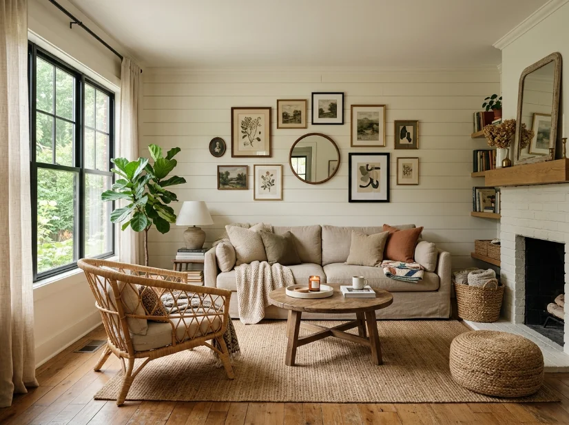 Modern cottage living room with warm neutrals, linen furniture, and woven textures