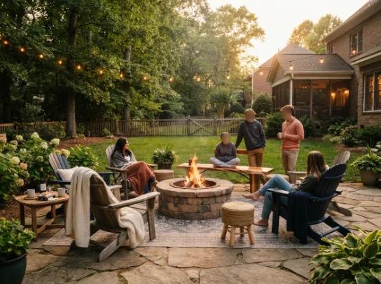 Backyard fire pit surrounded by affordable mixed seating