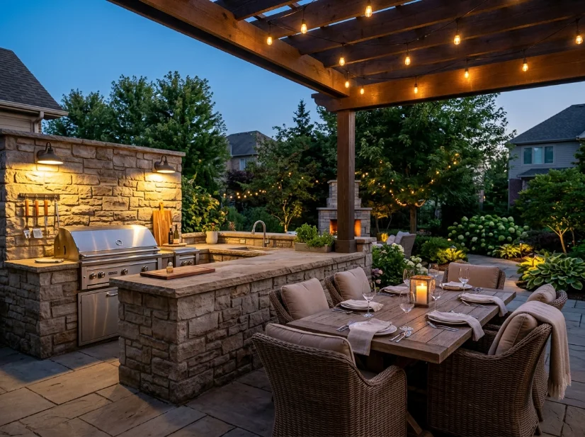 Outdoor kitchen with task lighting and warm evening string lights