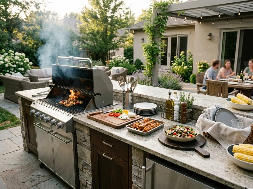Outdoor kitchen with generous counter space for food preparation