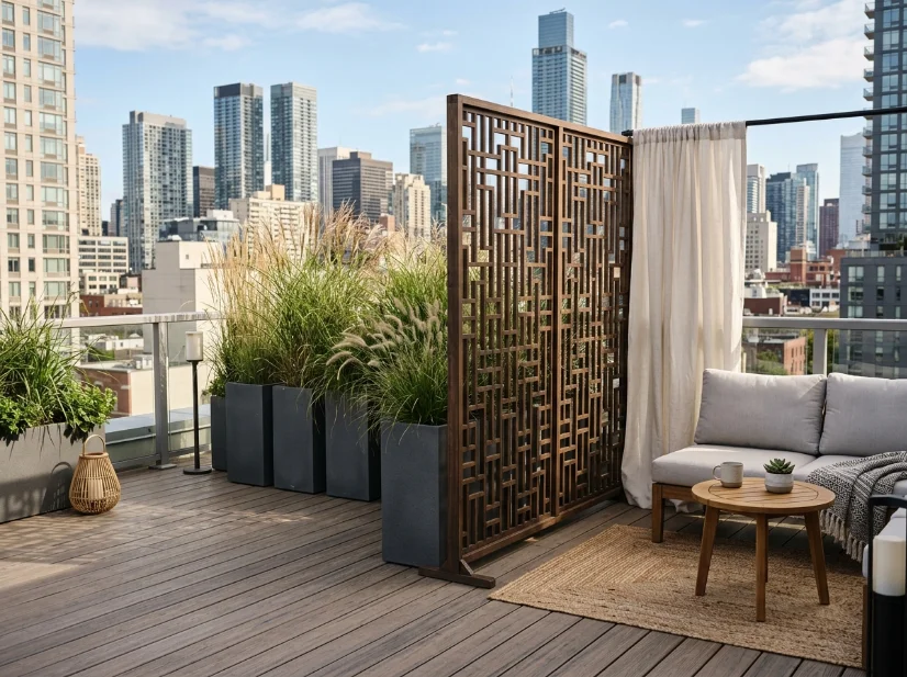 Rooftop deck with planters, lattice, and outdoor curtains for privacy