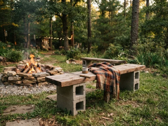 DIY cedar bench with concrete blocks beside a fire pit