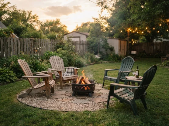 Adirondack chairs arranged around a backyard fire pit