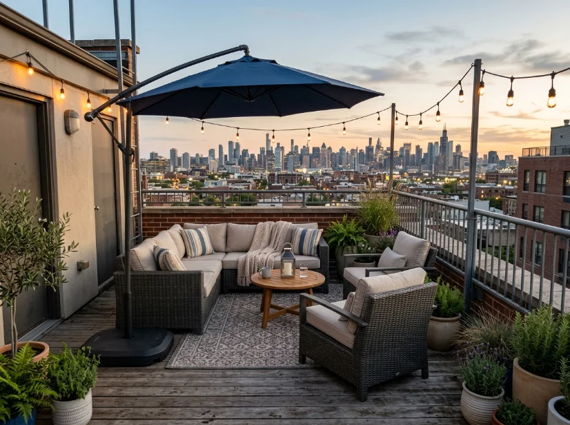 Small apartment rooftop deck with practical outdoor furniture and decor