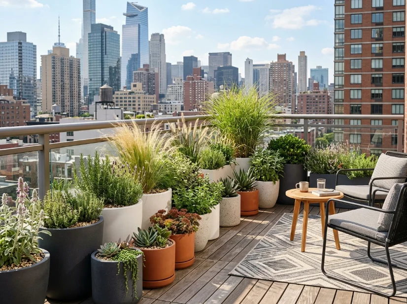 Lightweight container garden with herbs and succulents on a rooftop deck