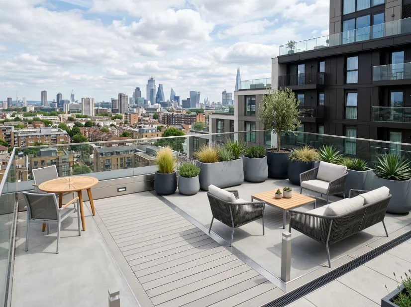Lightweight furniture and planters on an apartment rooftop deck