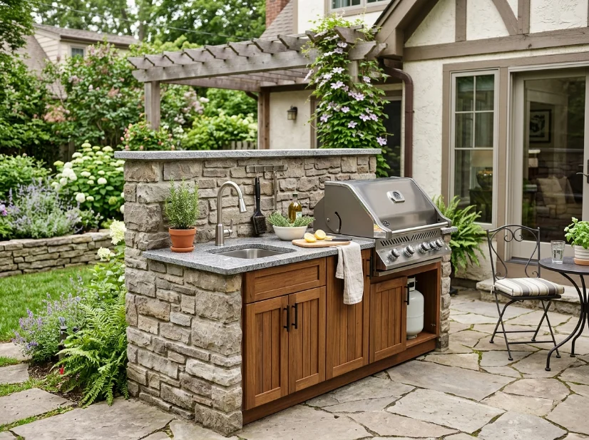 Compact outdoor kitchen with sink, grill, and prep counter