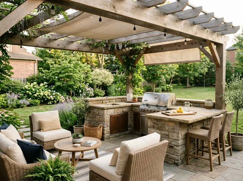 Outdoor kitchen with pergola providing shade over the cooking area