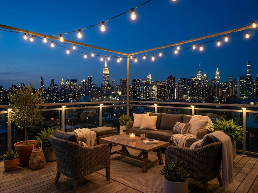 Apartment rooftop deck with string lights and solar lighting at night