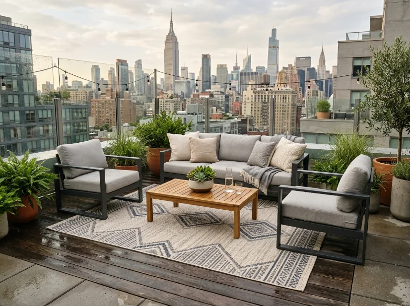 Outdoor rug and weather-resistant textiles on a rooftop deck