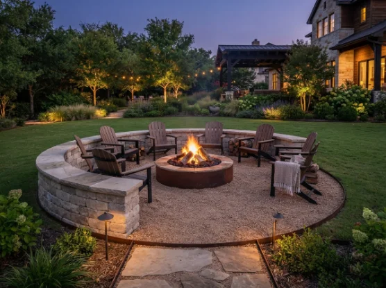 Permanent retaining block seat wall around a backyard fire pit