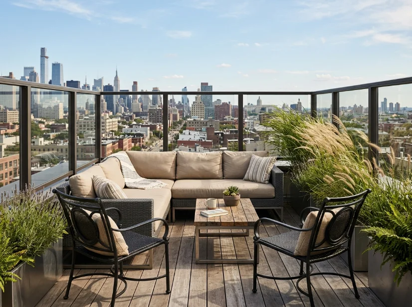 Low-profile wind-resistant furniture on an apartment rooftop deck