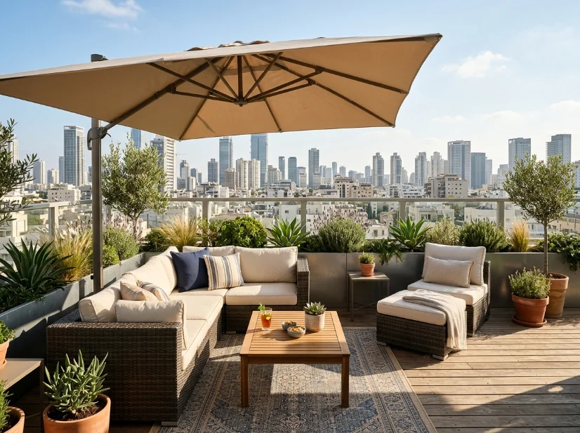 Apartment rooftop seating area with a cantilever umbrella for shade