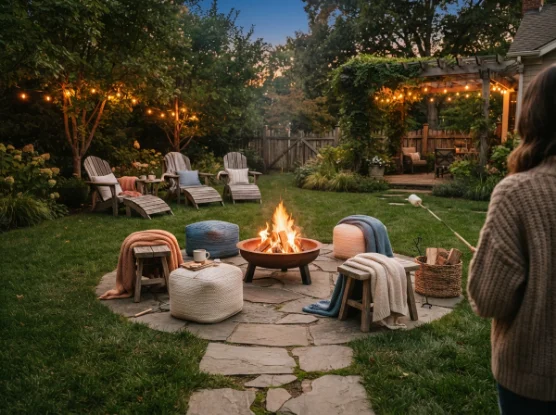 Outdoor poufs and low stools for kids around a fire pit