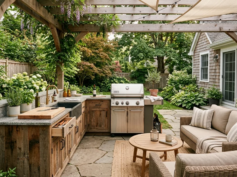Practical outdoor kitchen with grill, counter space, storage, and seating