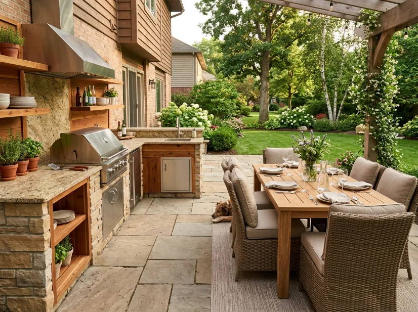 Outdoor kitchen with nearby dining table and comfortable seating