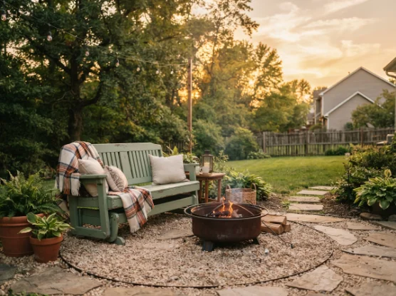 Repurposed porch glider used as fire pit seating