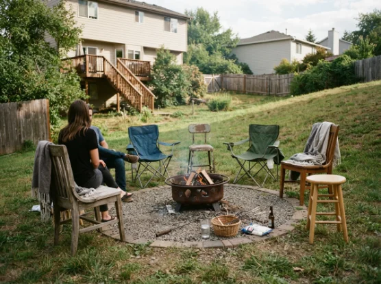 Mismatched chairs and folding seats around a backyard fire pit
3. Adirondack Chairs