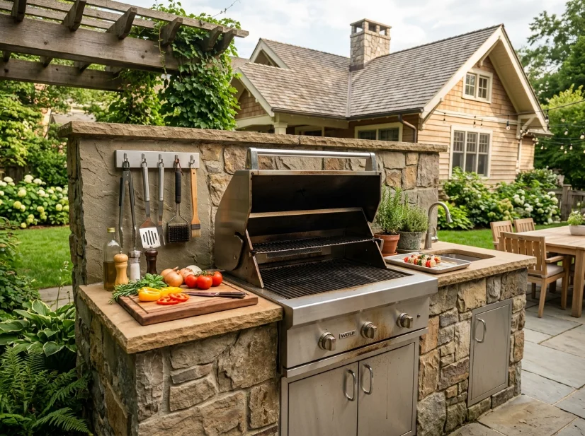 Outdoor kitchen centered around a built-in grill and prep counter