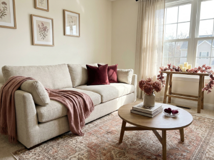 Neutral living room with subtle Valentine's Day decor and vintage-style rug