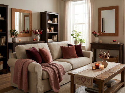 Coordinated burgundy and blush accents throughout a Valentine's living room