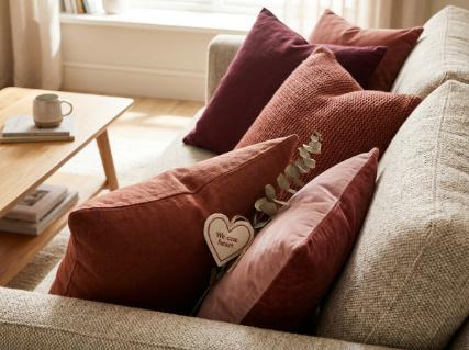 Understated Valentine's Day living room with limited red and pink accents
