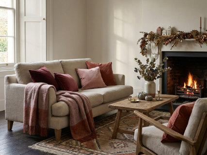 Warmly lit living room with subtle Valentine's Day decoration