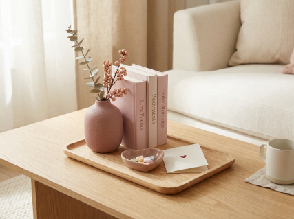 Coordinated Valentine's Day mantel and coffee table decor