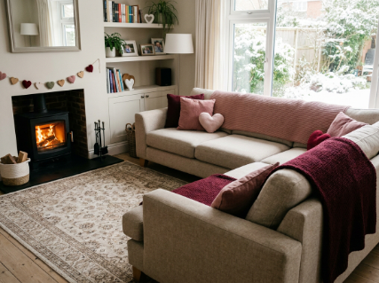 Subtle Valentine's Day living room decor with neutral furniture and soft burgundy accents