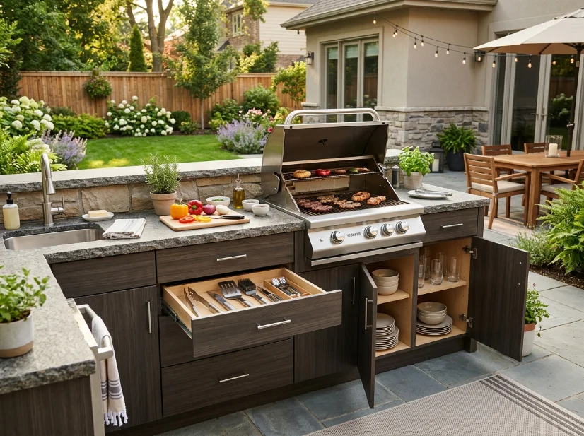 Outdoor kitchen with weather-resistant cabinets and practical storage